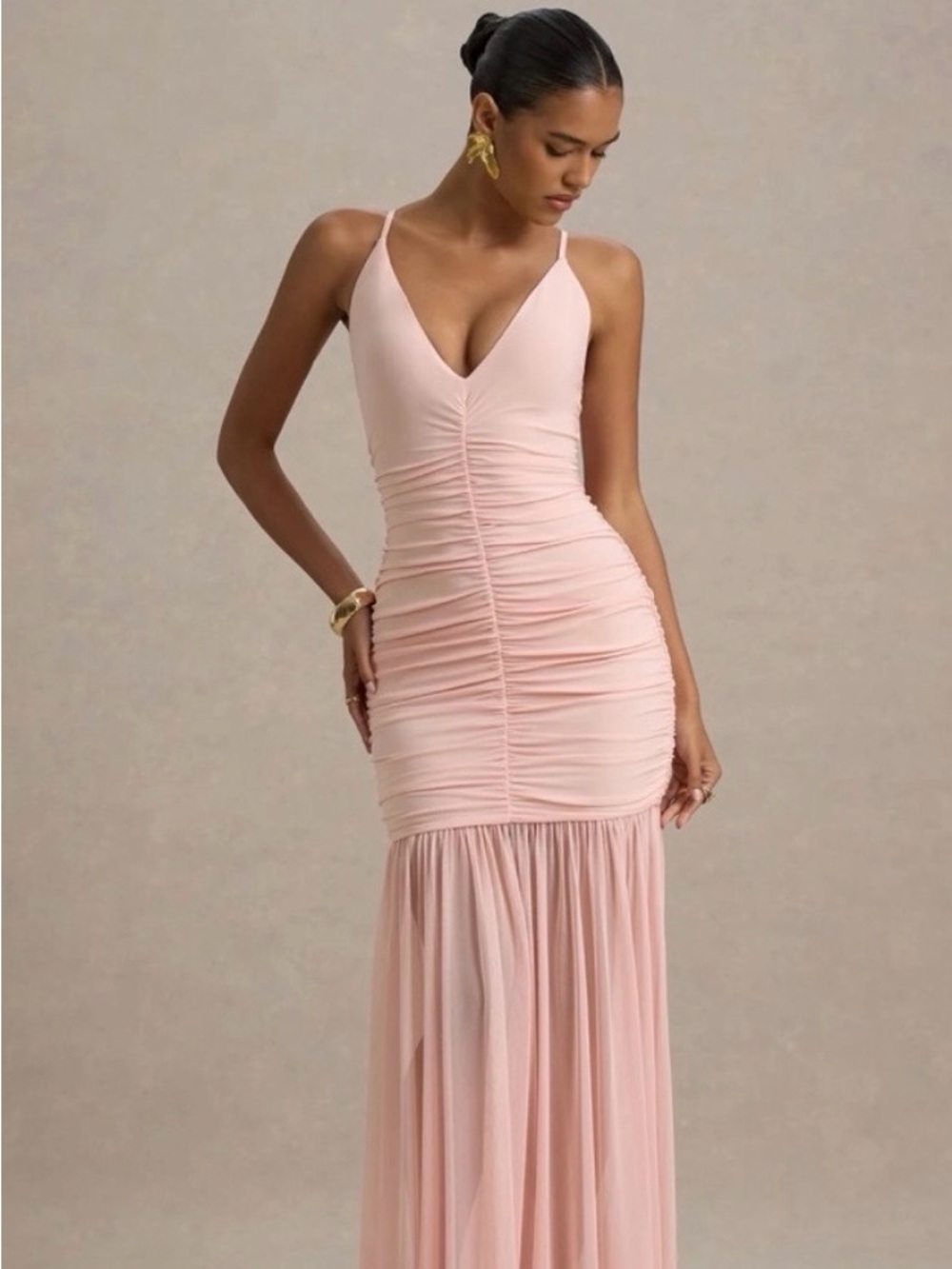Pasqualina | Pink Ruched Plunge-Neck Maxi Dress size UK 8 NWT